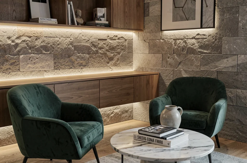 Coin salon moderne avec fauteuils en velours vert et éclairage indirect derrière un meuble suspendu