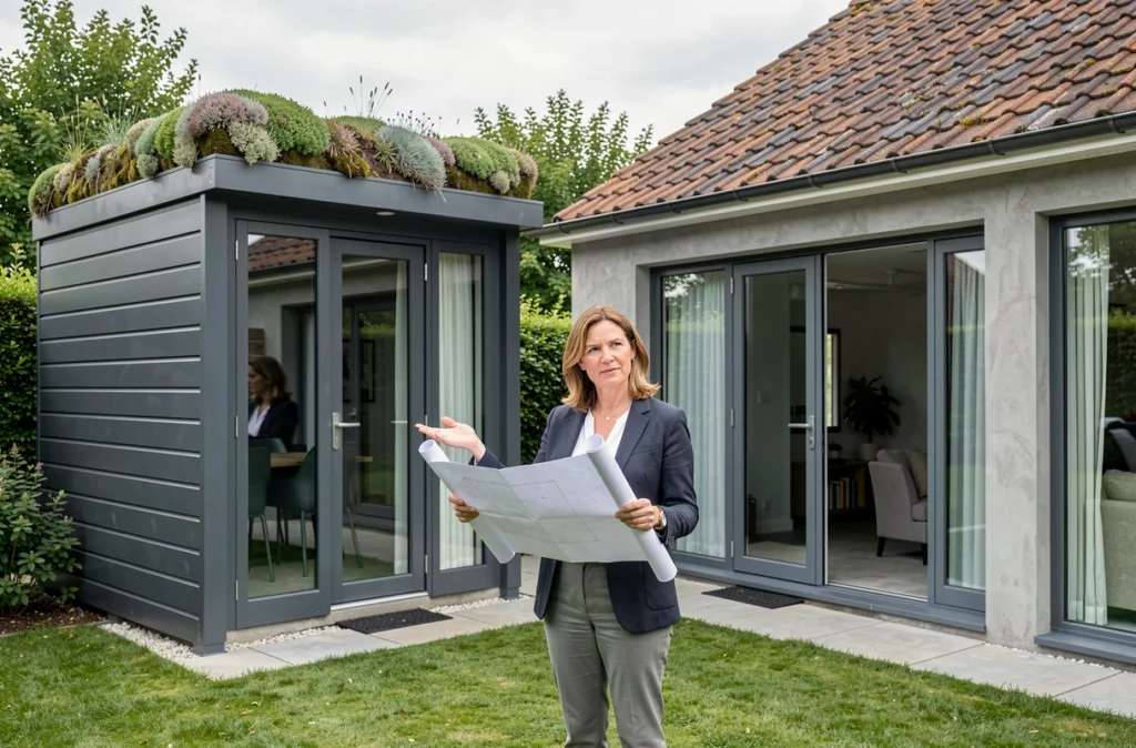Architecte comparant un studio de jardin préfabriqué à toit végétal et une extension classique en béton enduit dans un jardin résidentiel soigné
