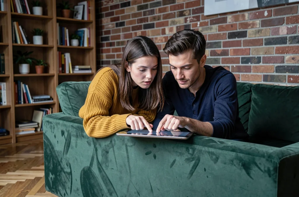 Couple comparant des offres et codes promotionnels Sklum sur une tablette installés sur un canapé en velours vert dans un appartement moderne