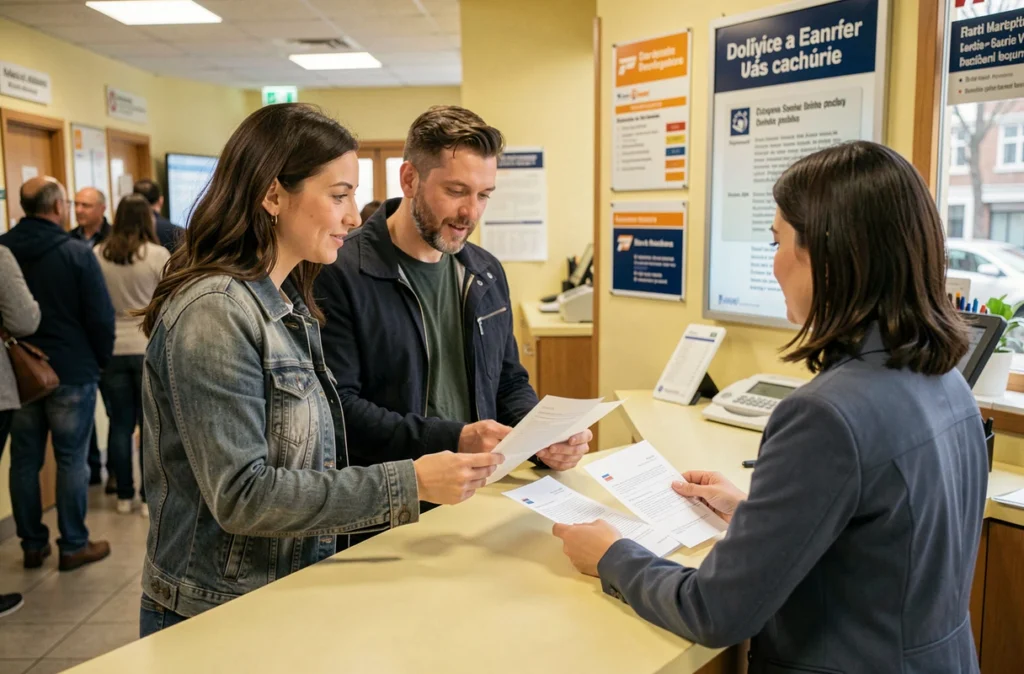 Couple effectuant un changement d'adresse officiel au guichet d'un bureau de poste