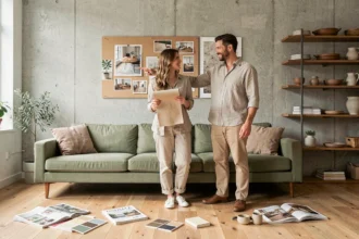 Couple en train de choisir ensemble leur décoration intérieure avec des échantillons de tissus et un mood board dans un salon moderne