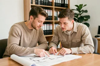 Couple examinant un contrat VEFA et des plans architecturaux dans un bureau de notaire moderne