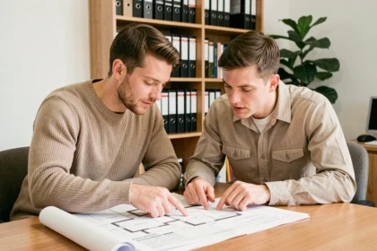 Couple examinant un contrat VEFA et des plans architecturaux dans un bureau de notaire moderne