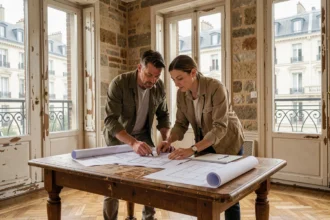 Couple d'acquéreurs étudiant des plans dans un appartement ancien en cours de rénovation à Paris