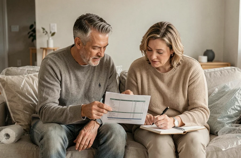 Couple consultant une liste de démarches administratives dans un appartement en cours de déménagement