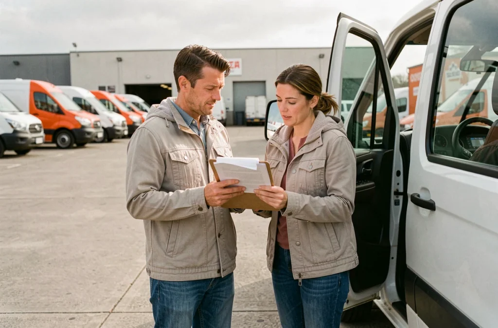 Couple consultant un contrat de location de camionnette dans un dépôt de véhicules utilitaires