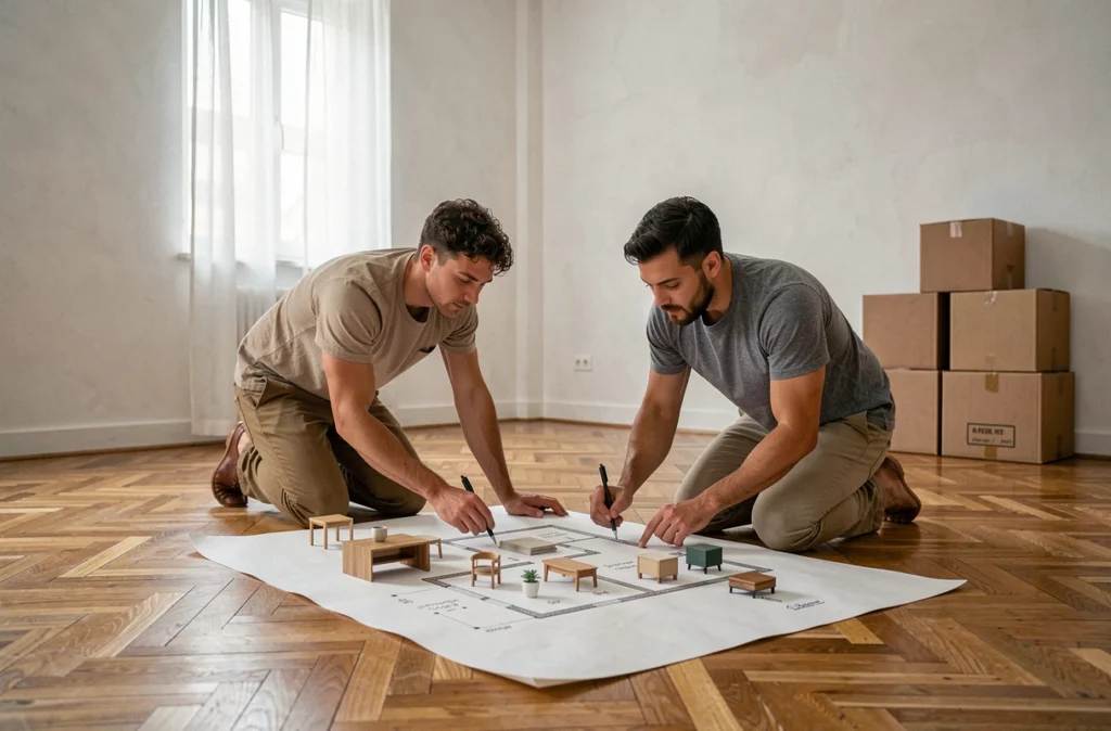 Deux partenaires planifiant leur aménagement intérieur ensemble sur un plan au sol dans une pièce vide