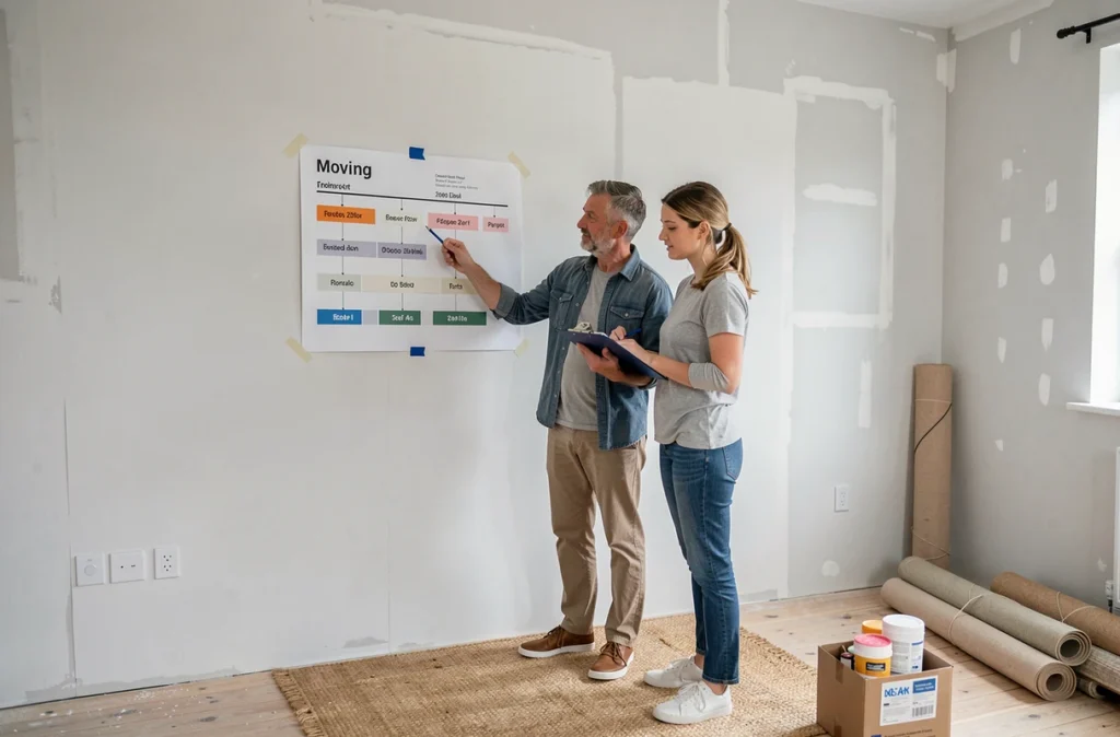 Couple examinant un planning de déménagement affiché au mur dans un salon vide lors de la préparation d'un déménagement