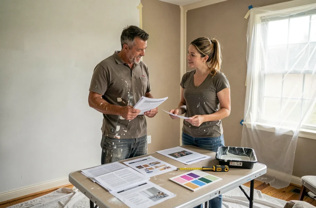 Couple consultant des conseils de travaux imprimés depuis Artisanat-FAQ.fr dans un salon en cours de peinture