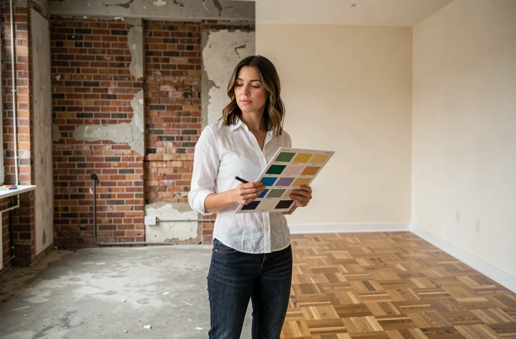 Designer d'intérieur comparant matériaux anciens et finitions modernes lors d'une rénovation