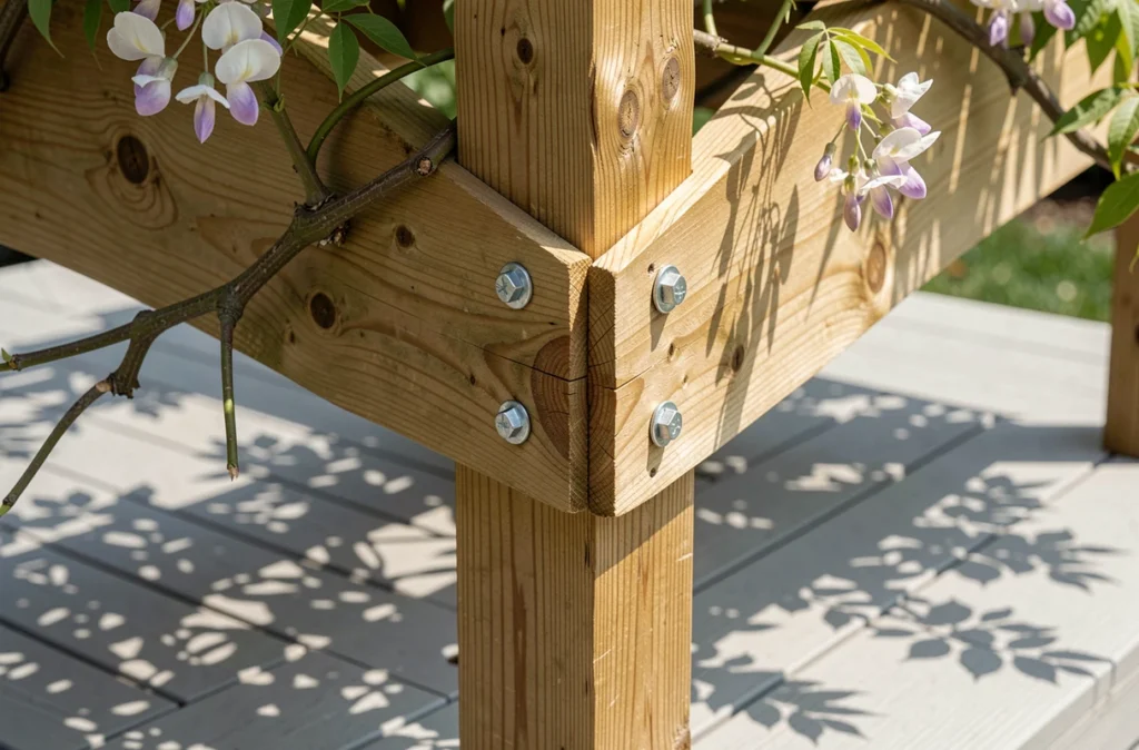 Détail d'assemblage de pergola en bois avec ombre de glycine sur terrasse composite grise