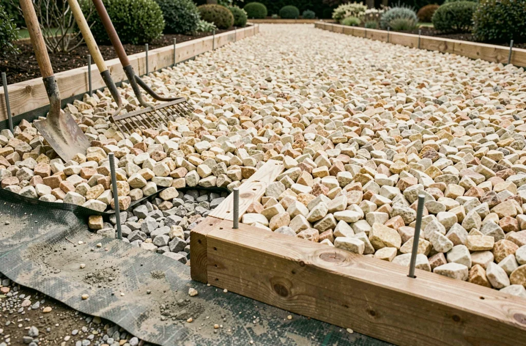 Détail d'une allée de gravier en cours d'installation avec géotextile, bordures en bois et outils de jardinage