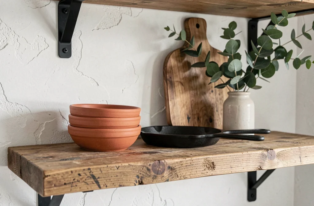 Détail d'une étagère de cuisine ouverte en bois recyclé avec vaisselle en grès terracotta et accessoires décoratifs