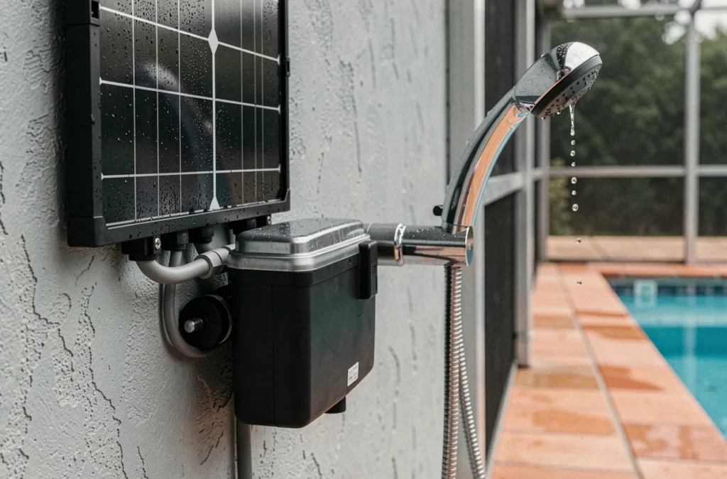 Détail du panneau solaire et du réservoir d'une douche solaire fixée au mur près d'une piscine