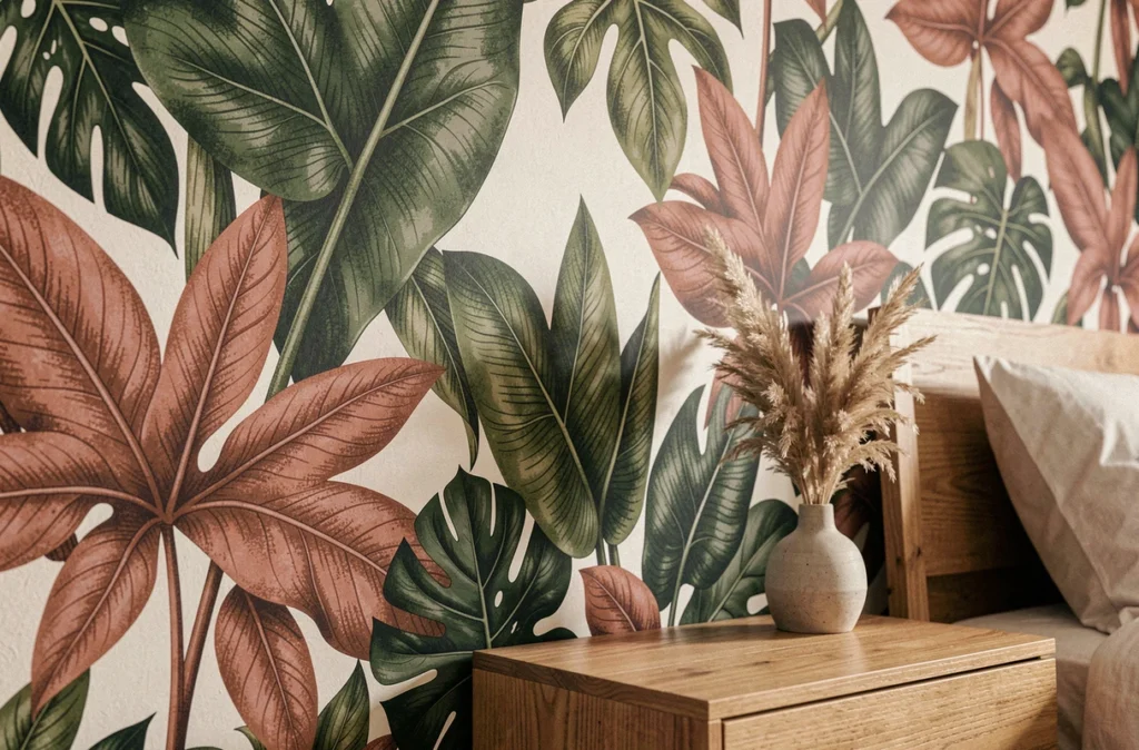 Détail de papier peint panoramique botanique tropical dans une chambre avec table de nuit en bois
