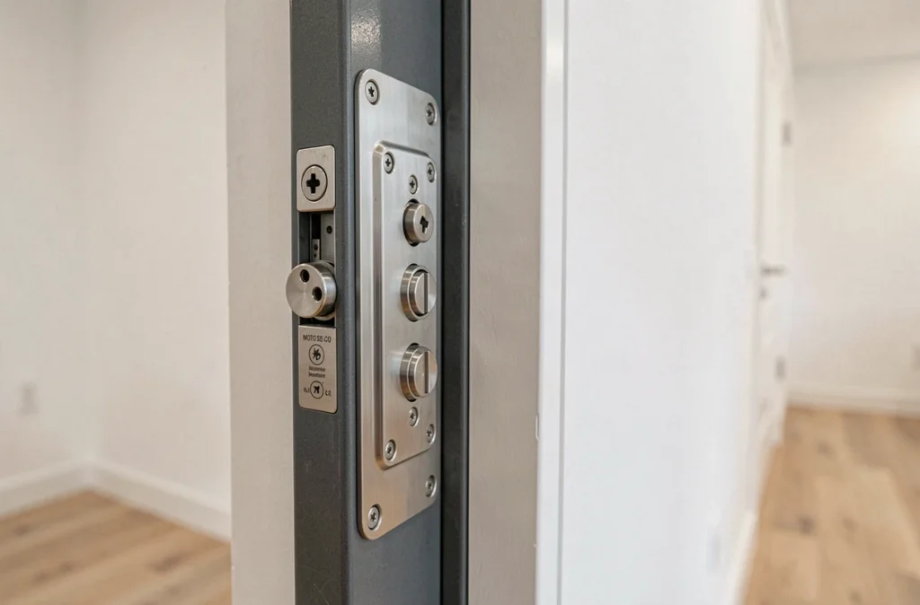 Détail du mécanisme de verrouillage multipoints d'une porte blindée moderne dans un appartement rénové