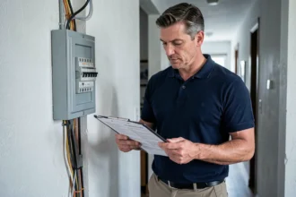 Diagnostiqueur immobilier inspectant un tableau électrique lors d'un diagnostic obligatoire avant vente