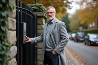 Homme appuyant sur le clavier d'un digicode à l'entrée d'un portail résidentiel en fer forgé noir