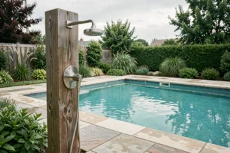 Douche solaire moderne installée en bois et inox à côté d'une piscine extérieure avec dallage en pierre