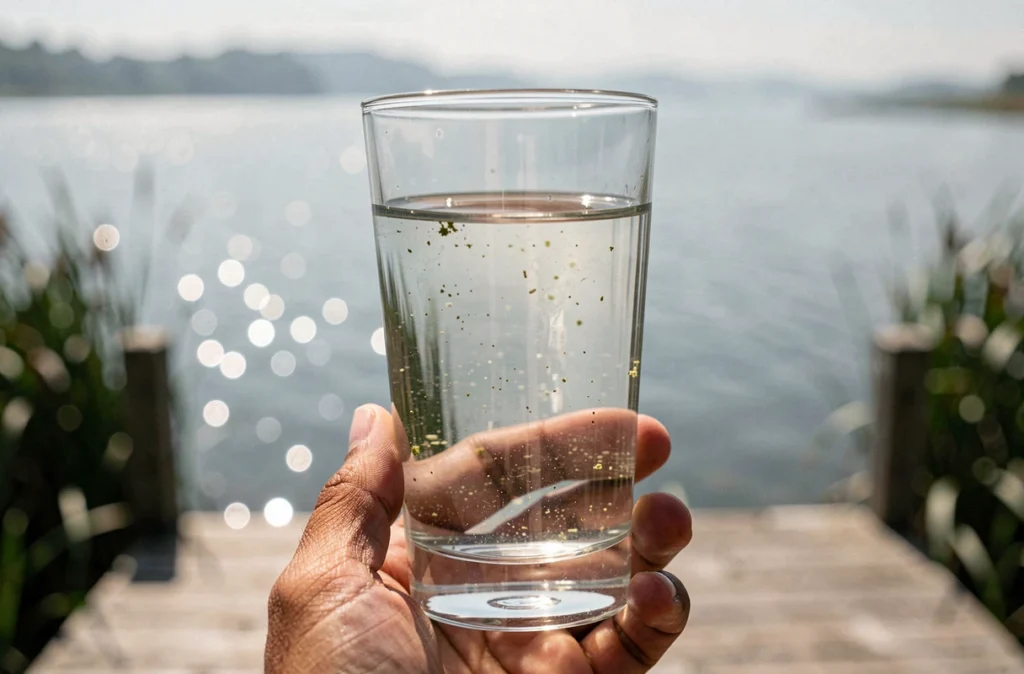 Échantillon d'eau prélevé dans un lac en période de fortes chaleurs montrant une légère turbidité liée aux algues