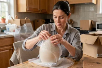 Femme emballant un vase en céramique fragile dans du papier bulle avant un déménagement