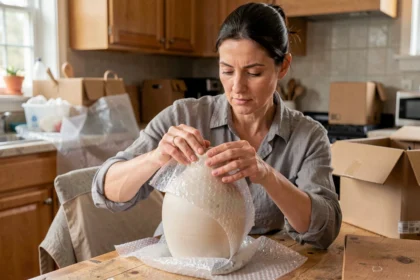 Femme emballant un vase en céramique fragile dans du papier bulle avant un déménagement