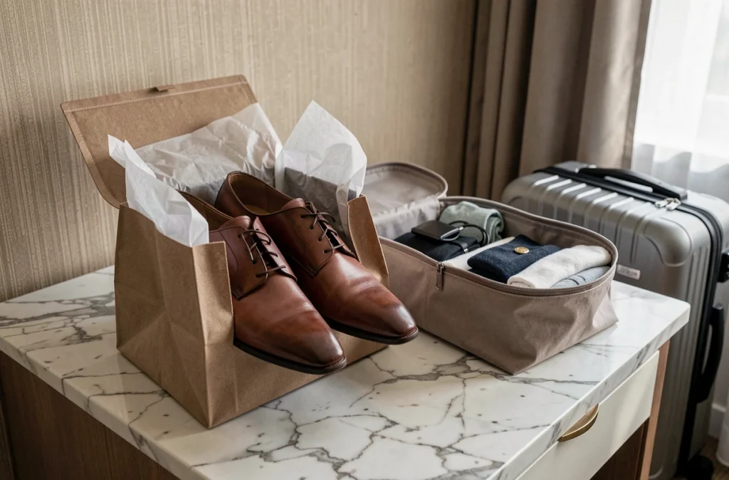 Chaussures en cuir emballées dans du papier de soie et rangées dans un sac à chaussures pour le voyage