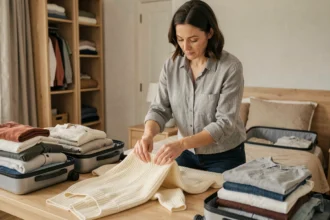 Femme pliant soigneusement des vêtements dans une valise ouverte sur un lit en bois