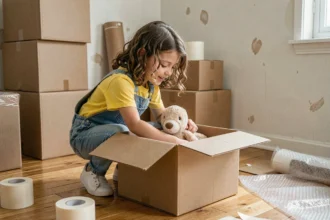 Jeune fille rangeant ses jouets dans des cartons lors d'un déménagement familial