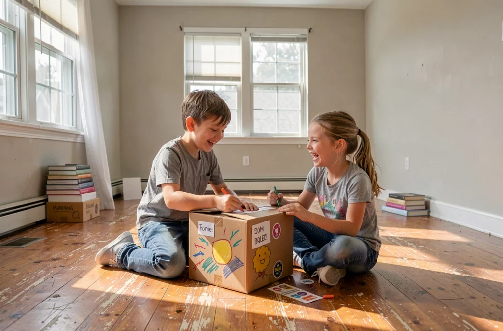 Deux enfants qui décorent des cartons de déménagement ensemble avec des feutres et des autocollants