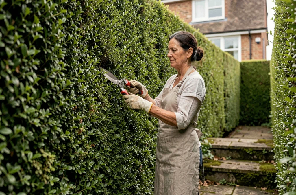 Femme entretenant une haie de buis taillée dans un jardin privé, symbolisant le soin apporté aux haies végétales pour l'intimité