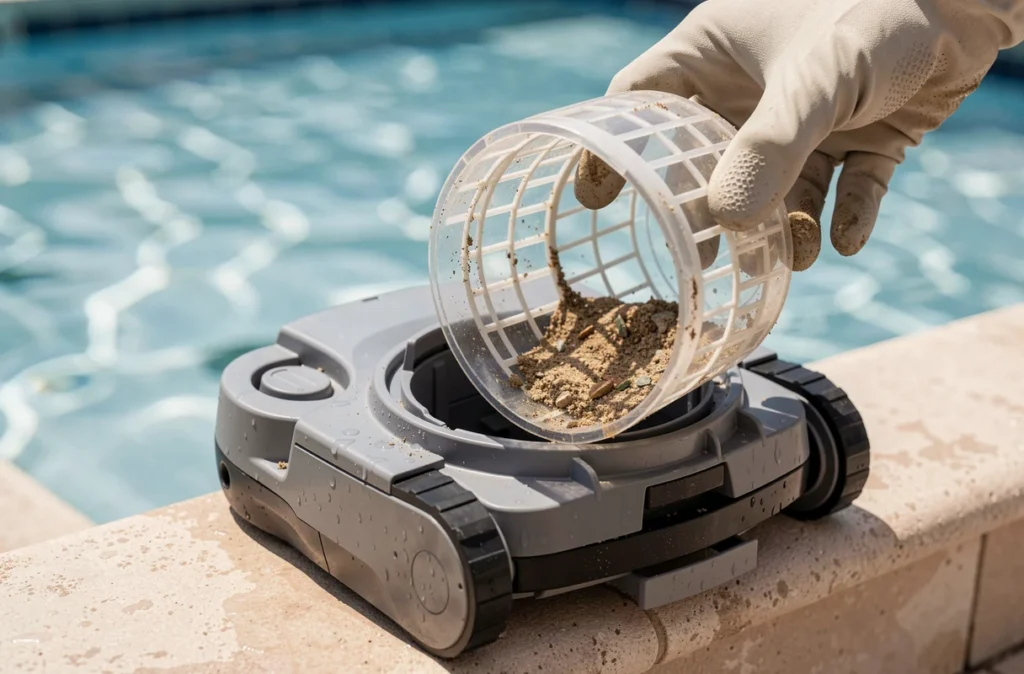 Gros plan sur le panier filtrant d'un robot piscine retiré pour nettoyage avec débris visibles
