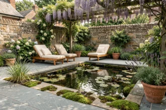 Espace détente aménagé autour d'un bassin décoratif en pierre avec transats en teck et plantes ornementales dans un jardin résidentiel