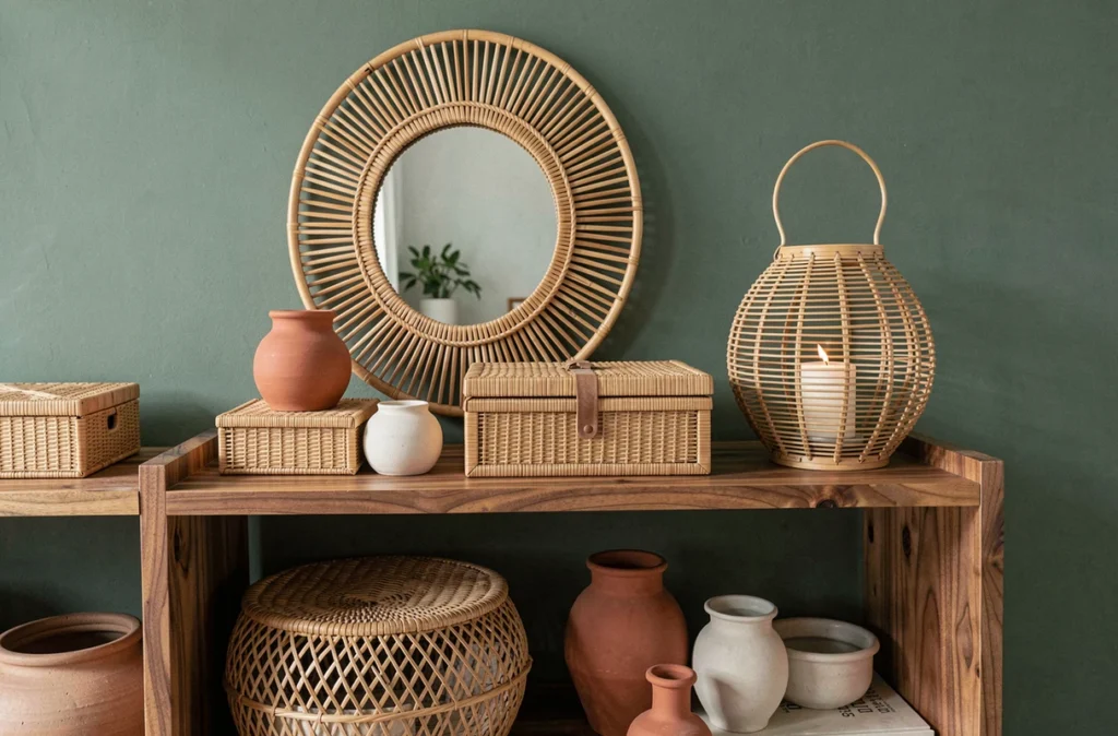 Étagère en noyer avec miroir en rotin, boîtes tressées et lanterne en rotin sur fond de mur vert sauge dans un salon bohème