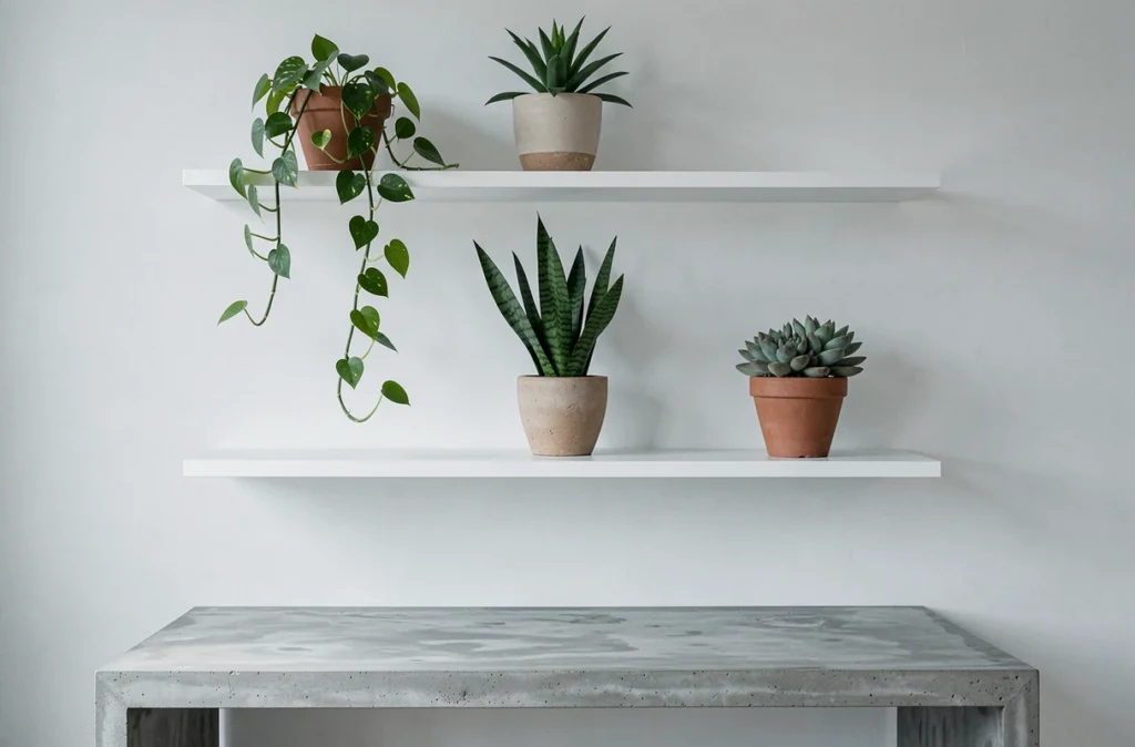 Étagères de bureau à domicile minimaliste décorées de plantes d'intérieur variées dont un pothos, un sansevière et des succulentes