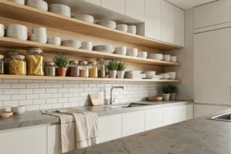 Cuisine moderne avec étagères ouvertes en bois de chêne clair chargées de vaisselle blanche et bocaux en verre