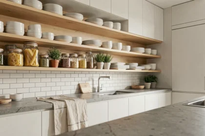 Cuisine moderne avec étagères ouvertes en bois de chêne clair chargées de vaisselle blanche et bocaux en verre