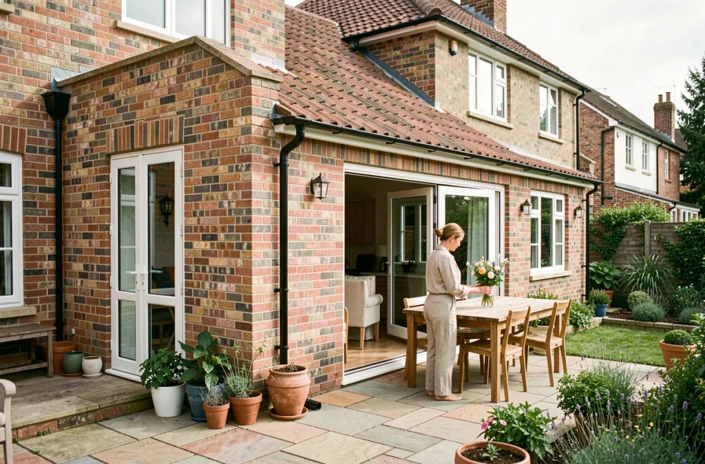 Extension classique en brique avec toiture tuiles et portes coulissantes vitrées sur terrasse pavée, femme arrangeant des fleurs à l'intérieur d'une pièce de vie prolongée