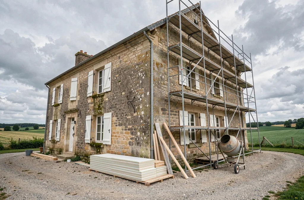 Façade d'une ancienne ferme en pierre en cours de rénovation avec échafaudages en milieu rural