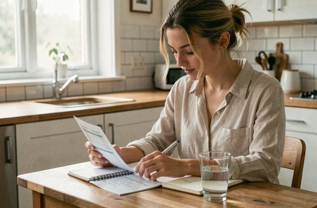 Jeune femme analysant sa facture d'eau et son relevé de consommation en m3 à la table de cuisine