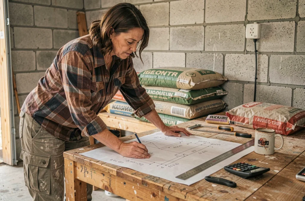 Femme autoconstructrice calculant des volumes de béton en m3 sur des plans techniques posés sur un établi dans un garage en construction
