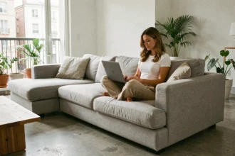 Femme assise sur un canapé gris en lin consultant un ordinateur portable pour comparer des codes promo de meubles en 2026