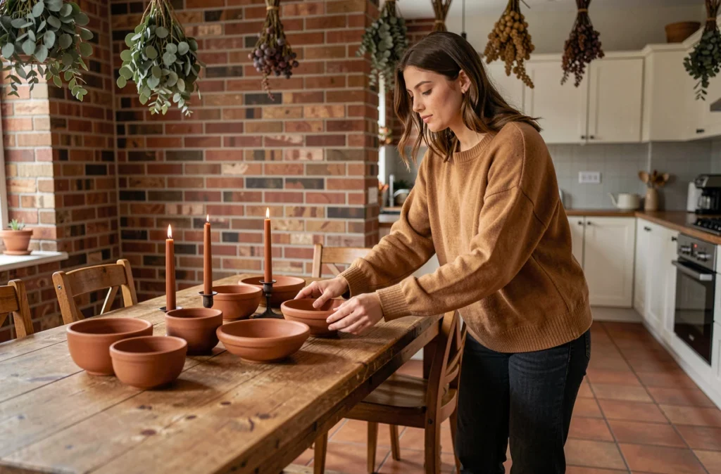 Femme arrangeant des bols en céramique terracotta et des bougies sienna sur une table en chêne rustique dans une salle à manger automnale