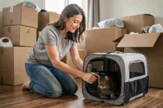 Femme plaçant son chat dans une cage de transport lors d'un déménagement dans un appartement rempli de cartons