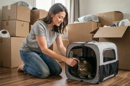 Femme plaçant son chat dans une cage de transport lors d'un déménagement dans un appartement rempli de cartons