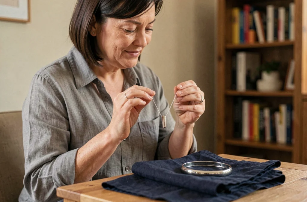 Femme comparant un collier en argent poli après nettoyage avec un bracelet encore noirci posé sur un tissu sombre