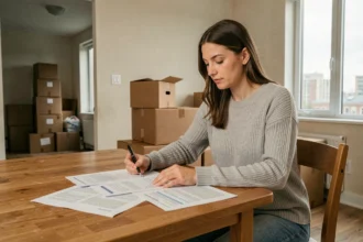 Femme consultant des contrats d'énergie entourée de cartons lors d'un déménagement
