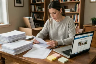 Femme préparant ses démarches administratives avant un déménagement, entourée de documents officiels sur une table en bois