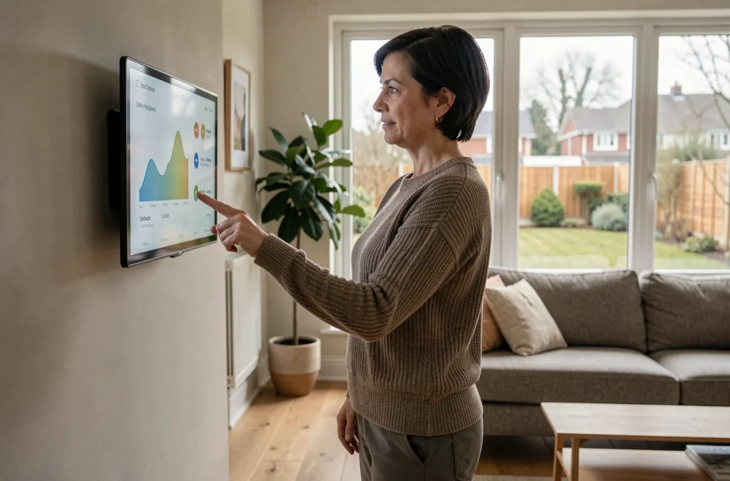 Femme consultant les données de consommation énergétique sur un écran domotique dans un salon moderne, représentant la maison connectée et la performance énergétique