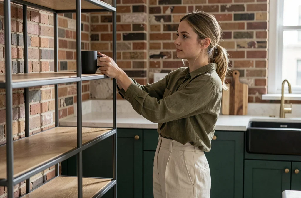 Femme rangeant une tasse sur une étagère ouverte en métal dans une cuisine urbaine contemporaine